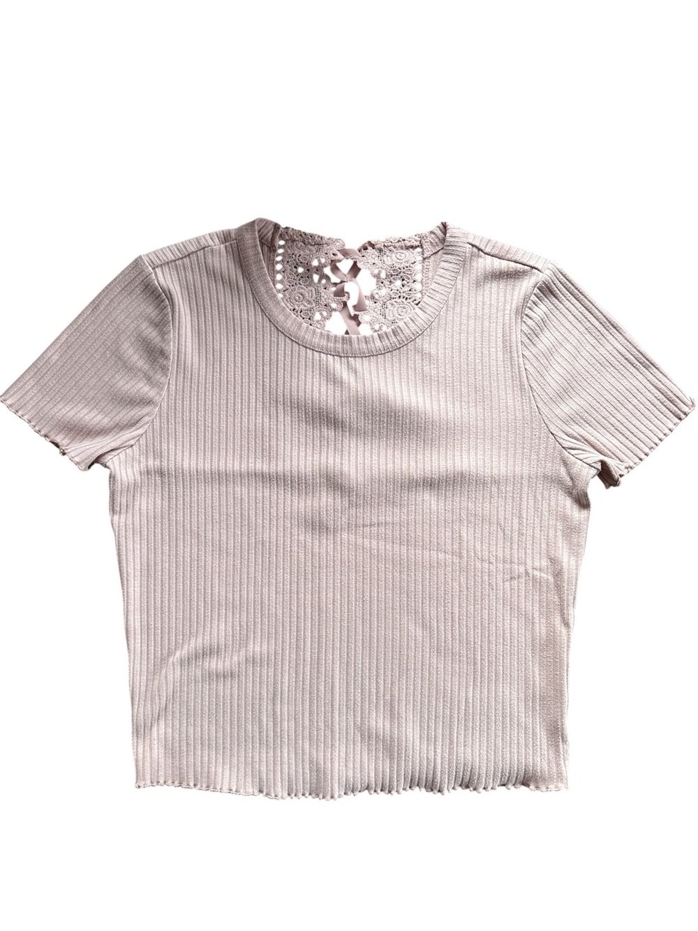 American Rag Ribbed Short Sleeve Crop Top with Lace Back - Light Pink